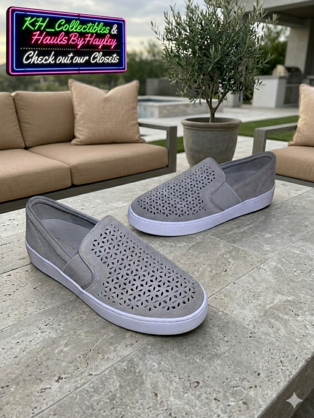 Vionic Kani Light Grey Suede Perforated Slip-On Sneakers Size 9